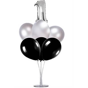 Siyah Gümüş 1 Yaş Balonlu Balon Standı - 1 Adet Stand ve 10 Adet Metalik Balon ve 50 cm Folyo Balon
