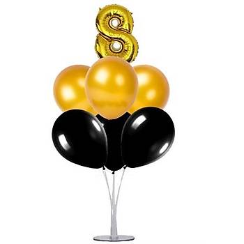 Siyah Gold 8 Yaş Balonlu Balon Standı - 1 Adet Stand ve 10 Adet Metalik Balon ve 50 cm Folyo Balon