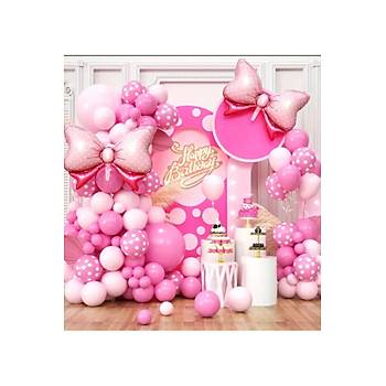 Pembe Puanl� Balonlu Pembe Tonlar� Balon Zinciri Seti Fiyonk Folyo Balon Dahil 101 Par�a
