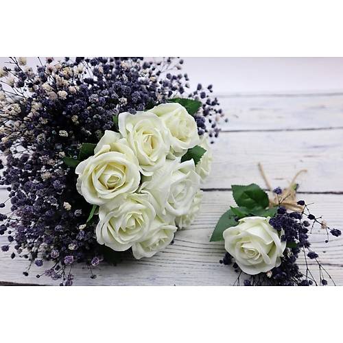 Beyaz Gl Gelin Buketi ve Damat Yaka nesi