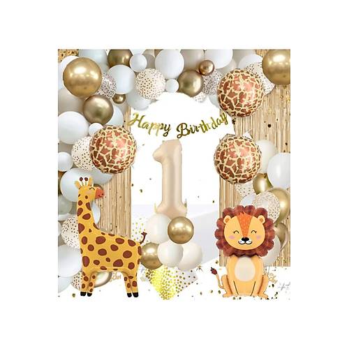 1 Ya Balonlu Beyaz Gold Krom Balon Zinciri Seti Safari Balon Seti Flama ASlan Zrafa Balon Dahil