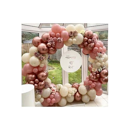 Retro White - Clay Pink ve Rose Krom Balon Zinciri Seti 100 Adet Balon ve Zincir