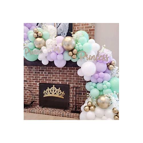 Makaron Mint Ve Lila Beyaz Krom Gold Balon Zinciri Seti 100 Adet Balon Ve Zincir