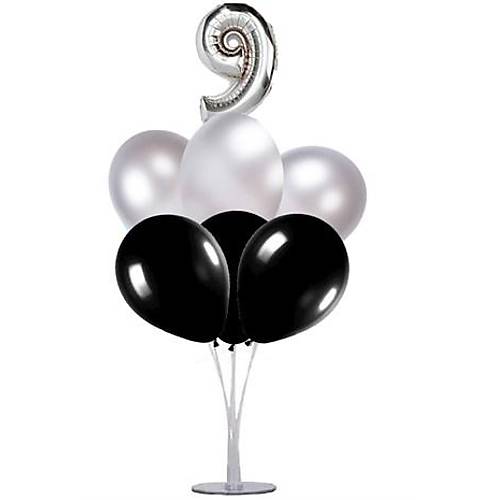Siyah Gm 9 Ya Balonlu Balon Stand - 1 Adet Stand ve 10 Adet Metalik Balon ve 50 cm Folyo Balon