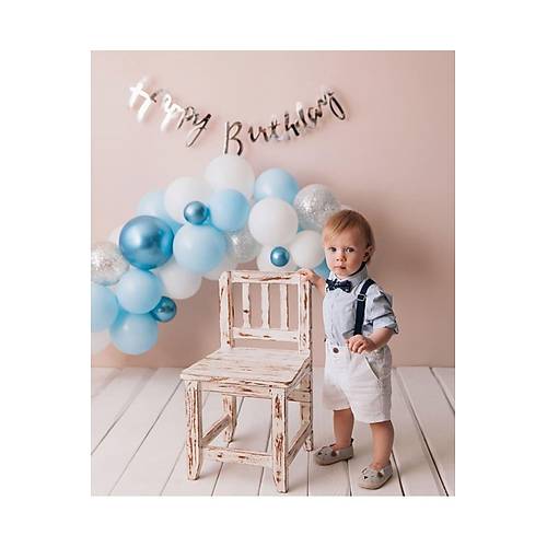 Krom Mavi Beyaz Balon Zinciri ve Gm Happy Birthday Banner Seti 81 'li