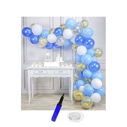 Beyaz-ak Mavi-lacivert-gold Konfetili effaf Doum Gn Balon Zinciri 62 Para