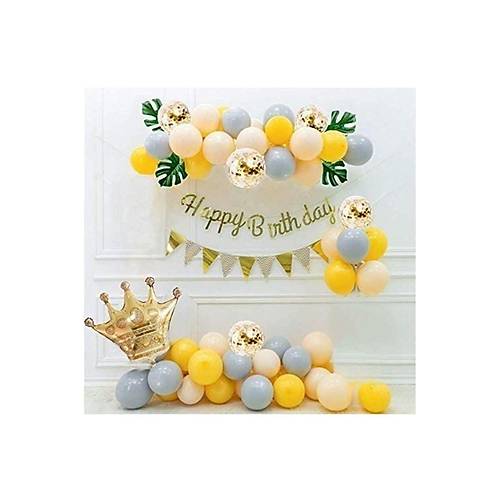 Ta Folyo Balon Set Happy Brthday Kaligrafi Sar Gri Somon Balon Zinciri Full Doum Gn Set Balon