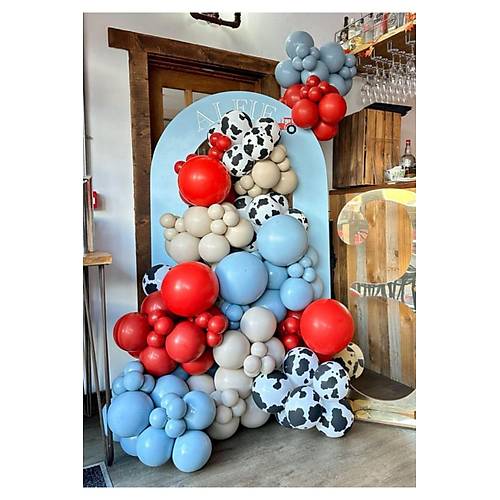 Krmz Frtna Mavi Inek Desenli iftlik Konsept Balon Zinciri 100 Adet Balon