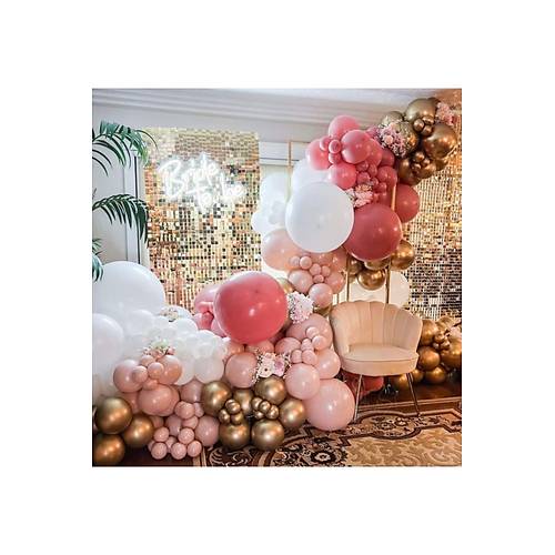 Clay pink- pink blush ve beyaz balon zinciri seti 100 adet balon ve zincir