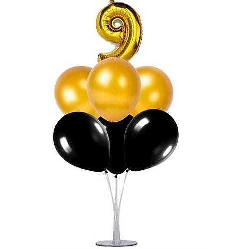 Siyah Gold 9 Ya Balonlu Balon Stand - 1 Adet Stand ve 10 Adet Metalik Balon ve 50 cm Folyo Balon