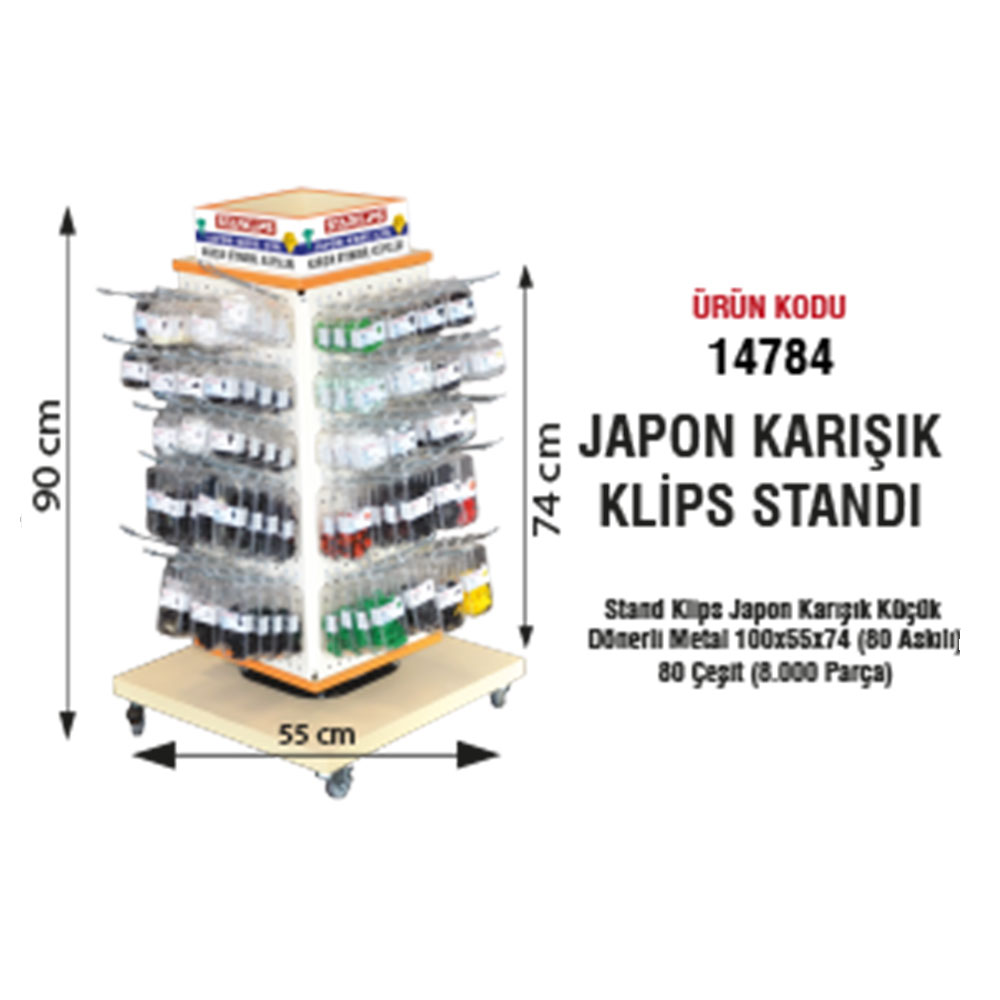 Stand Klips Japon Karışık Küçük Dönerli Metal 100x55x74 (80 Askılı) (80 Çeşit) (8.000 Parça)