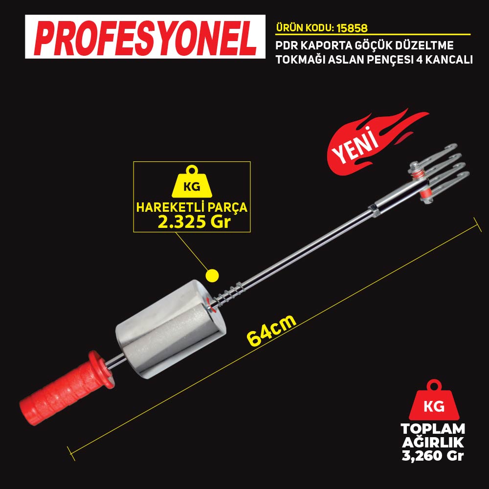 Set Pdr Kaporta Göçük Düzeltme Tokmağı Çift Yönlü Aslan Pençesi 4 Kanca Plastik Saplı 3,260Kg 79cm