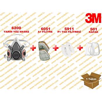 3M 6200 Yarım Yüz Maske  + 6051 A1 Filitre + 5911 P1 Filitre + K501 Kapak Set