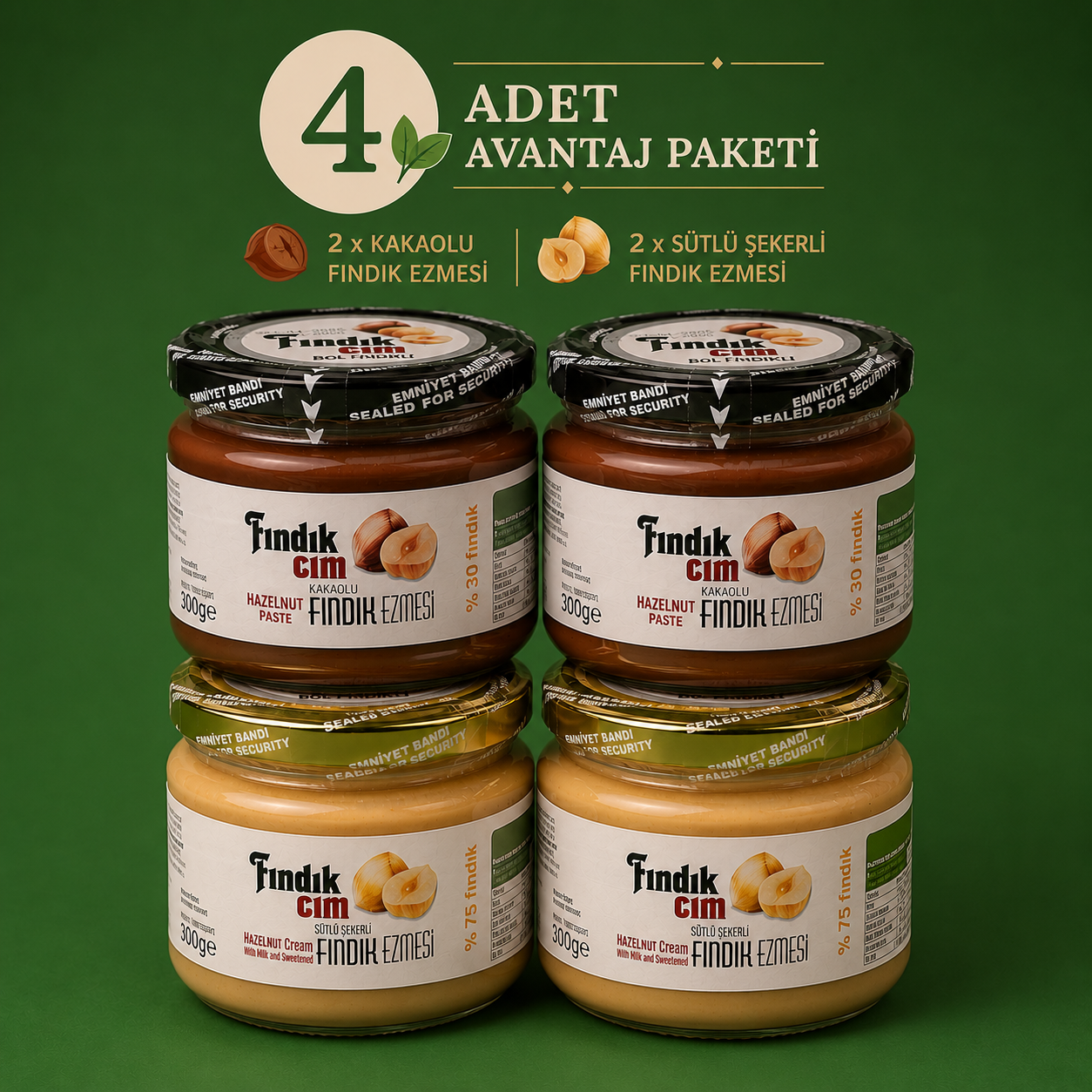 Kakaolu-Sütlü Şekerli Fındık Ezmesi 300 gr. 4'lü Paket