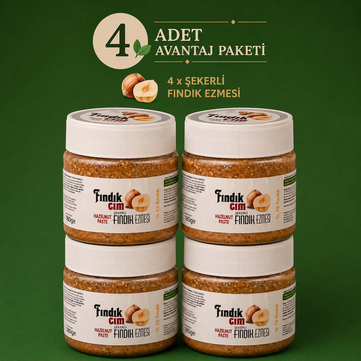 Fındık Ezmesi, Şekerli, KATKISIZ  180 Gr. 4'lü Paket