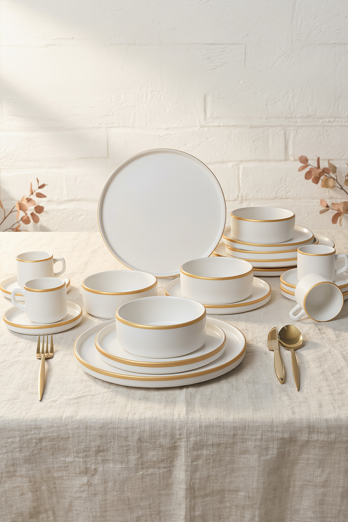 Mat Beyaz Gold Fileli Stackable Yemek / Kahvaltı Takımı 20 Parça 4 Kişilik