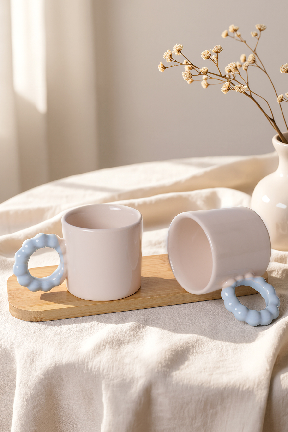 Krem İnci Kupa Mavi Kulplu 8 Cm 2 Adet 030-405