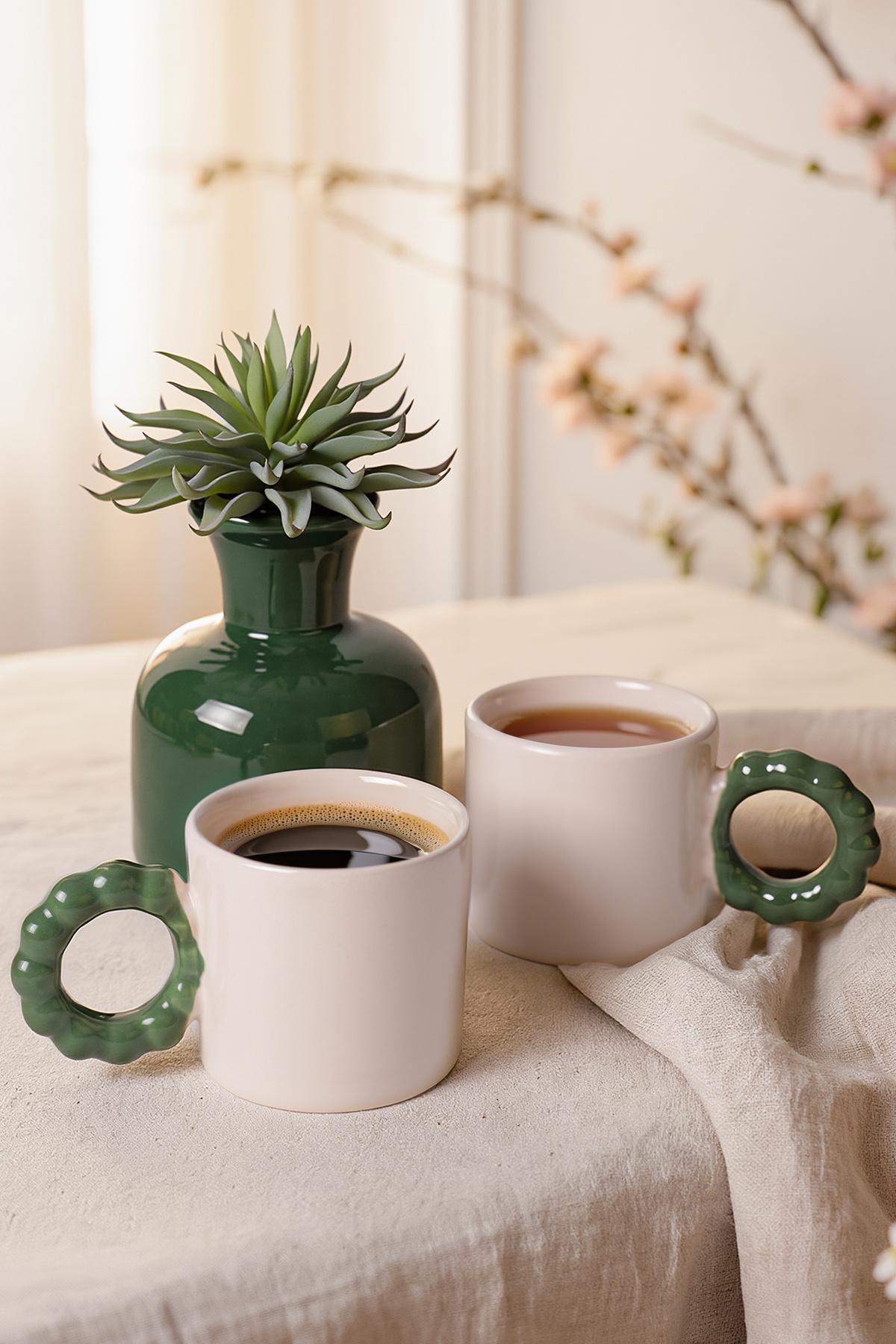 Krem İnci Kupa Yeşil Kulplu 8 Cm 2 Adet 030-310