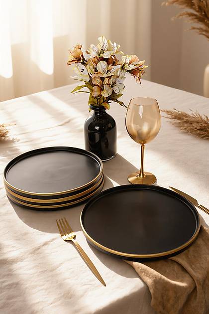 Mat Siyah Gold Fileli Stackable Servis Taba�� 27 Cm 4 Adet