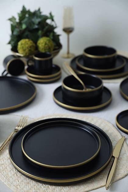 Mat Siyah Gold Fileli Stackable Yemek / Kahvalt Takm 20 Para 4 Kiilik