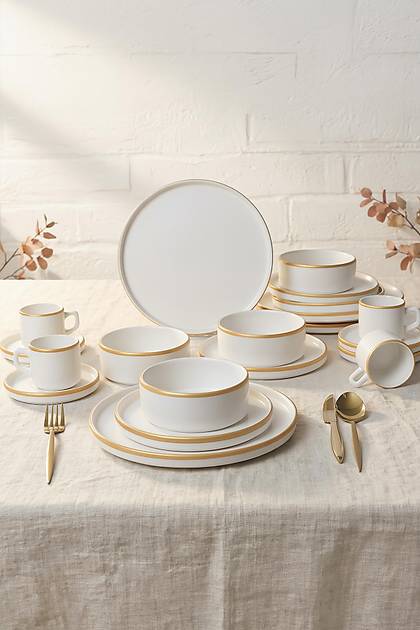 Mat Beyaz Gold Fileli Stackable Yemek / Kahvalt� Tak�m� 20 Par�a 4 Ki�ilik
