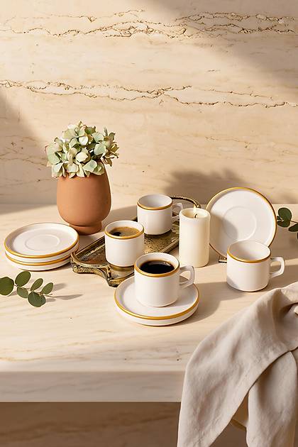 Mat Beyaz Gold Fileli Stackable �ay Tak�m� 8 Par�a 4 Ki�ilik
