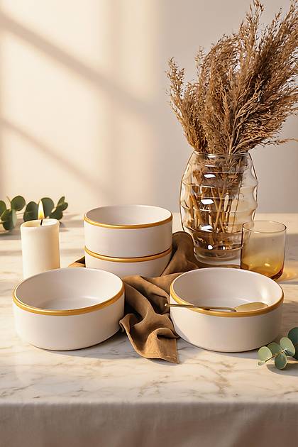 Mat Beyaz Gold Fileli Stackable Kase 14 Cm 4 Adet