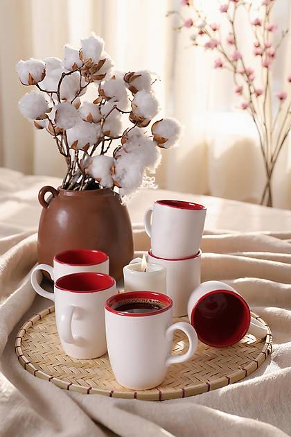 Mat Beyaz / K�rm�z� Bulut Kupa 9 Cm 6 Adet