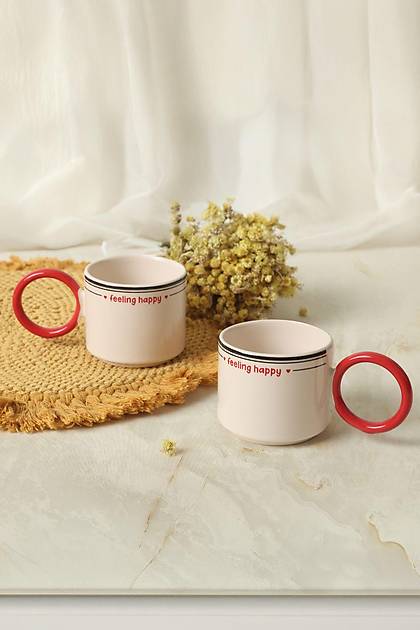 Feeling Happy Krmz Stackable Halka Kulplu Fincan 8 Cm 2 Adet