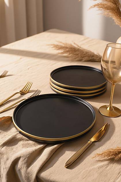 Mat Siyah Gold Fileli Stackable Servis Taba�� 27 Cm 4 Adet