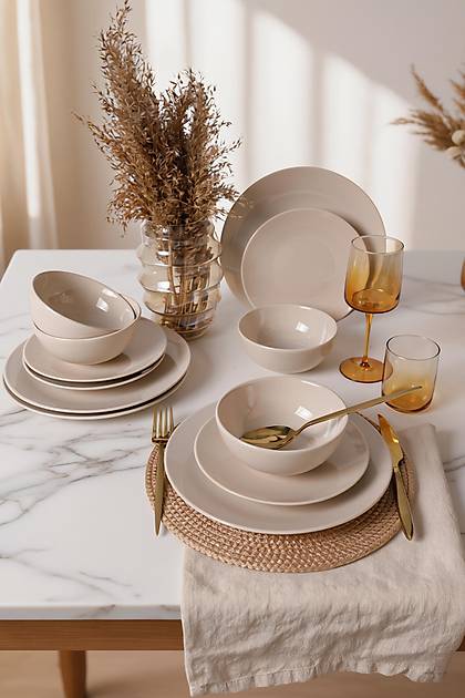 Krem Kera Yemek Tak�m� 12 Par�a 4 Ki�ilik 036