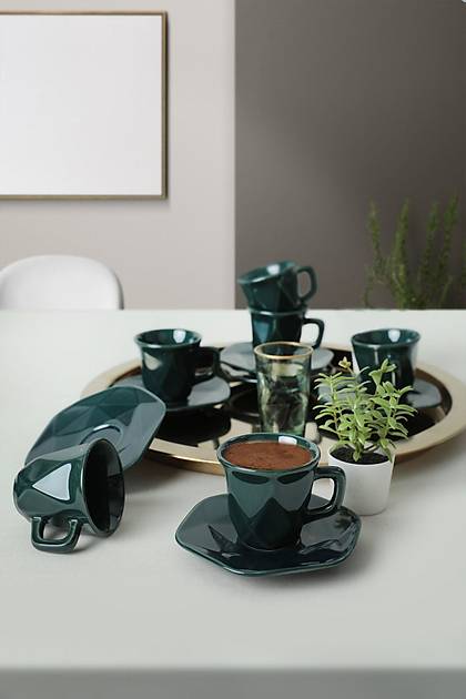 Metalik Yeil Kristal Kahve Fincan Takm 12 Para 6 Kiilik - Q04