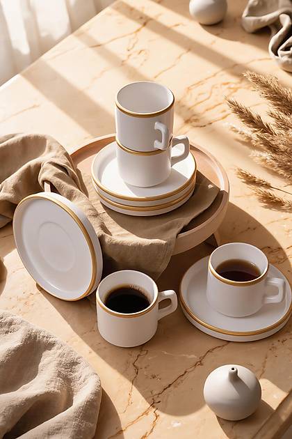 Mat Beyaz Gold Fileli Stackable �ay Tak�m� 8 Par�a 4 Ki�ilik