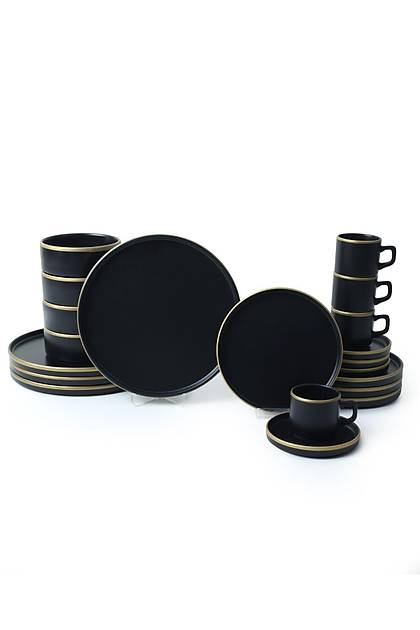 Mat Siyah Gold Fileli Stackable Yemek / Kahvalt Takm 20 Para 4 Kiilik