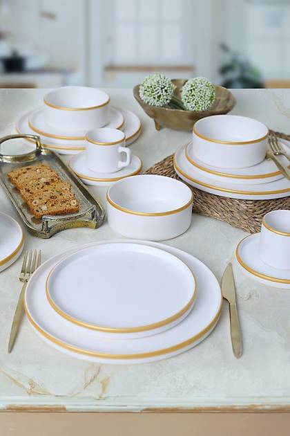Mat Beyaz Gold Fileli Stackable Yemek / Kahvalt Takm 20 Para 4 Kiilik