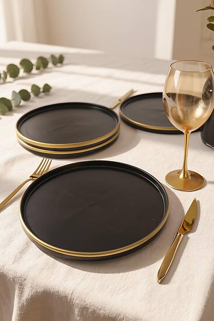 Mat Siyah Gold Fileli Stackable Servis Taba�� 27 Cm 4 Adet