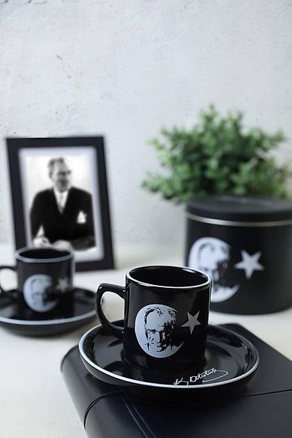 Keraart Atatrk Ay Yldz Portre Beyaz mza zel Teneke Kutulu 4 Para 2 Kiilik Kahve Takm
