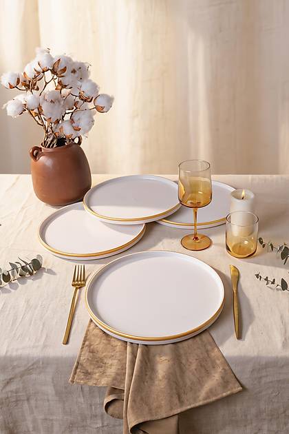 Mat Beyaz Gold Fileli Stackable Servis Taba�� 27 Cm 4 Adet
