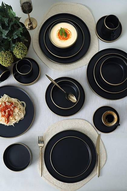 Mat Siyah Gold Fileli Stackable Yemek / Kahvalt Takm 20 Para 4 Kiilik