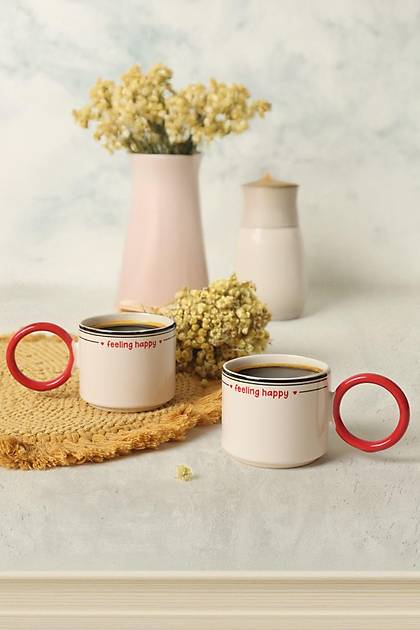 Feeling Happy Krmz Stackable Halka Kulplu Fincan 8 Cm 2 Adet
