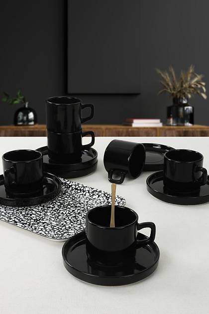 Siyah Stackable ay Fincan Takm 12 Para 6 Kiilik