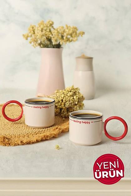 Feeling Happy Krmz Stackable Halka Kulplu Fincan 8 Cm 2 Adet