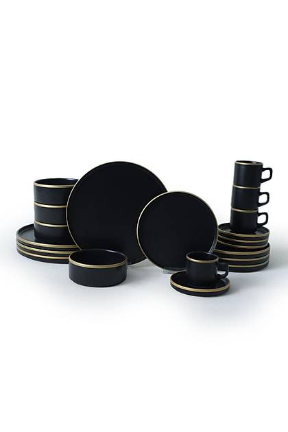 Mat Siyah Gold Fileli Stackable Yemek / Kahvalt Takm 20 Para 4 Kiilik