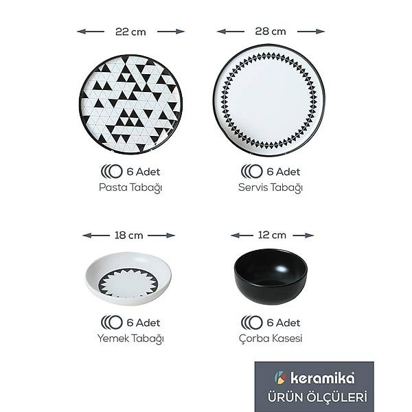 Keraart Black Pattern Nordic Yemek Takm 24 Para 6 Kiilik 21478-79-80