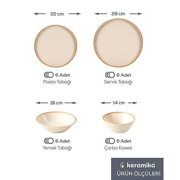 Mat Krem Gold Fileli Yemek Takm 24 Para 6 Kiilik