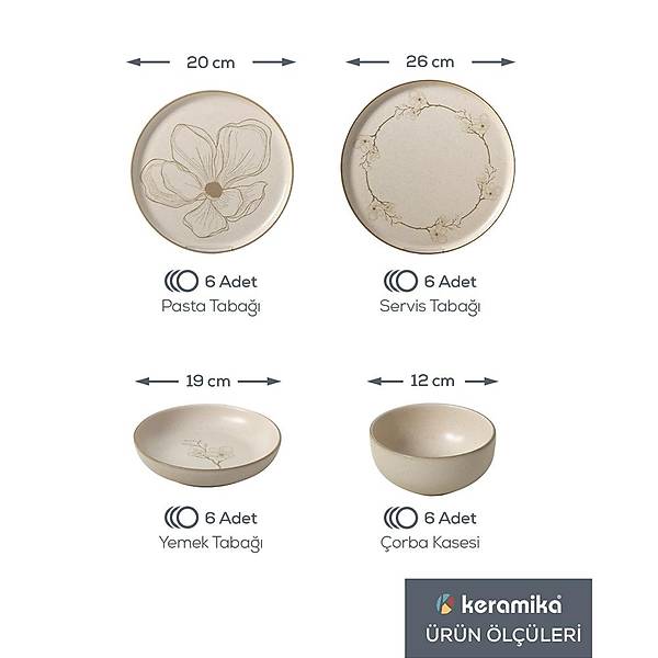 Taupe Bloom Nordc Yemek Takm 24 Para 6 Kiilik 22519-20-28-29