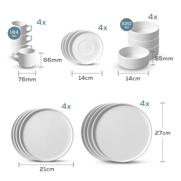 Mat Beyaz Stackable Yemek/Kahvalt Takm 20 Para 4 Kiilik