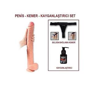 Realistik Penis B�y�k Uzun Damarl� 43cm Dev Dildo Kemerli Set