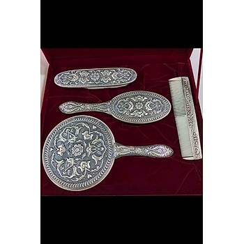 925 Ayar Gümüş Motifli El & Çanta Boy Ayna Tarak Takımı