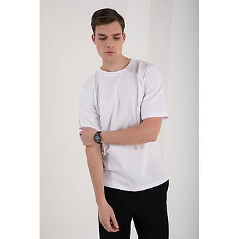 Erkek Kadýn Beyaz Renk Beden Seçenekli  Baský Yapýlabilen Oversize Basic Bol  T-shirt